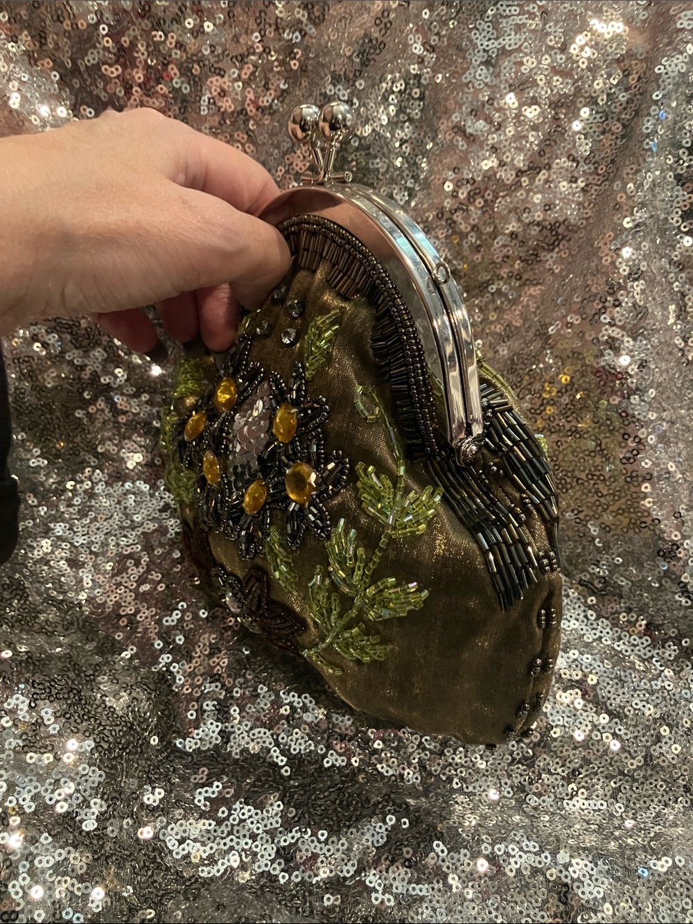 Embroidered Olive Green Beaded Clutch - Picture 5 of 8